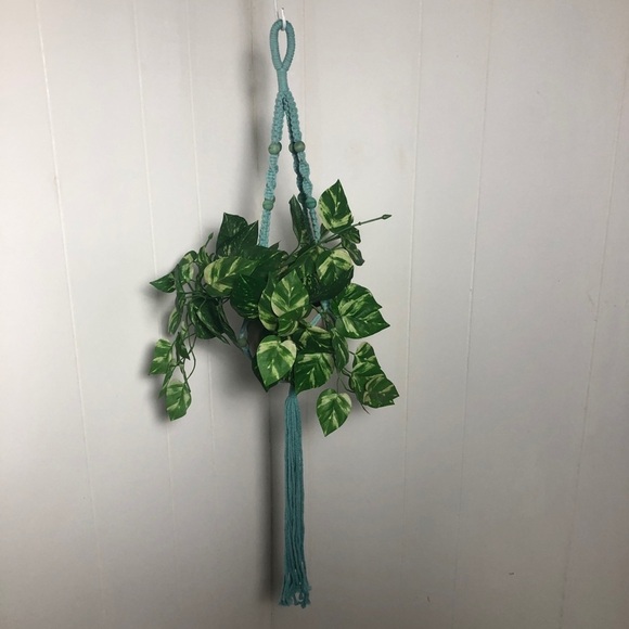 Macrame Plant Hanger:Light Teal Beaded,35”longNEW - Picture 1 of 7